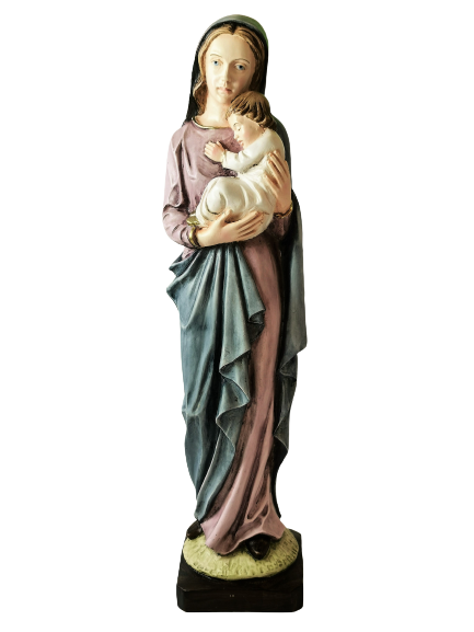 Statue, Jomfruen med barn i håndmalt resin 50cm